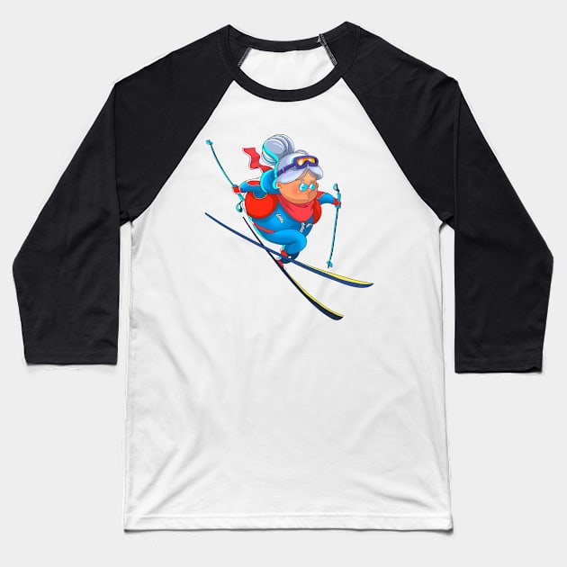 Old lady skier Baseball T-Shirt by PontPilat